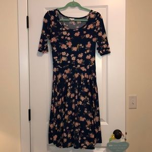 Lularoe Nicole dress blue with pink flowers birds